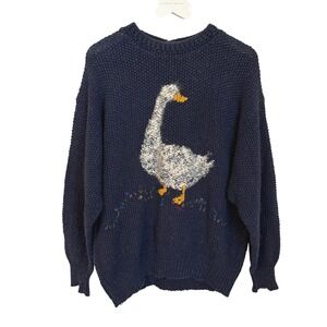 VTG Neuma Navy Blue Knit Goose Sweater Size large Cottagecore Made in USA